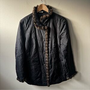 CAbi Black Quilted Puffer Jacket with Brown Faux Fur Trim